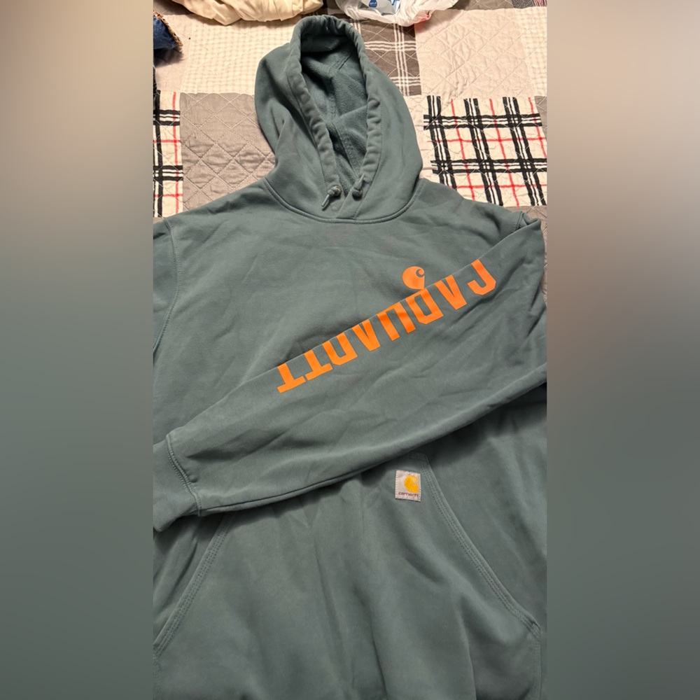 Carhartt Men’s Teal Crewneck Sweatshirt with Orange Logo